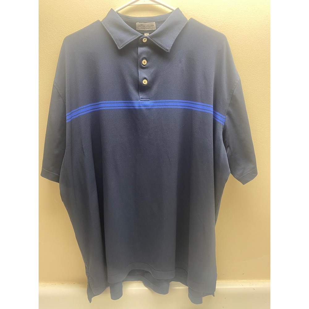 Peter Millar Summer Comfort Navy Blue Striped Golf Polo Shirt Mens XL